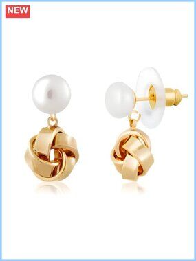 14K Gold Plated Pearl Drop Earrings Dainty Knot Stud Bridal Gift Jewelry